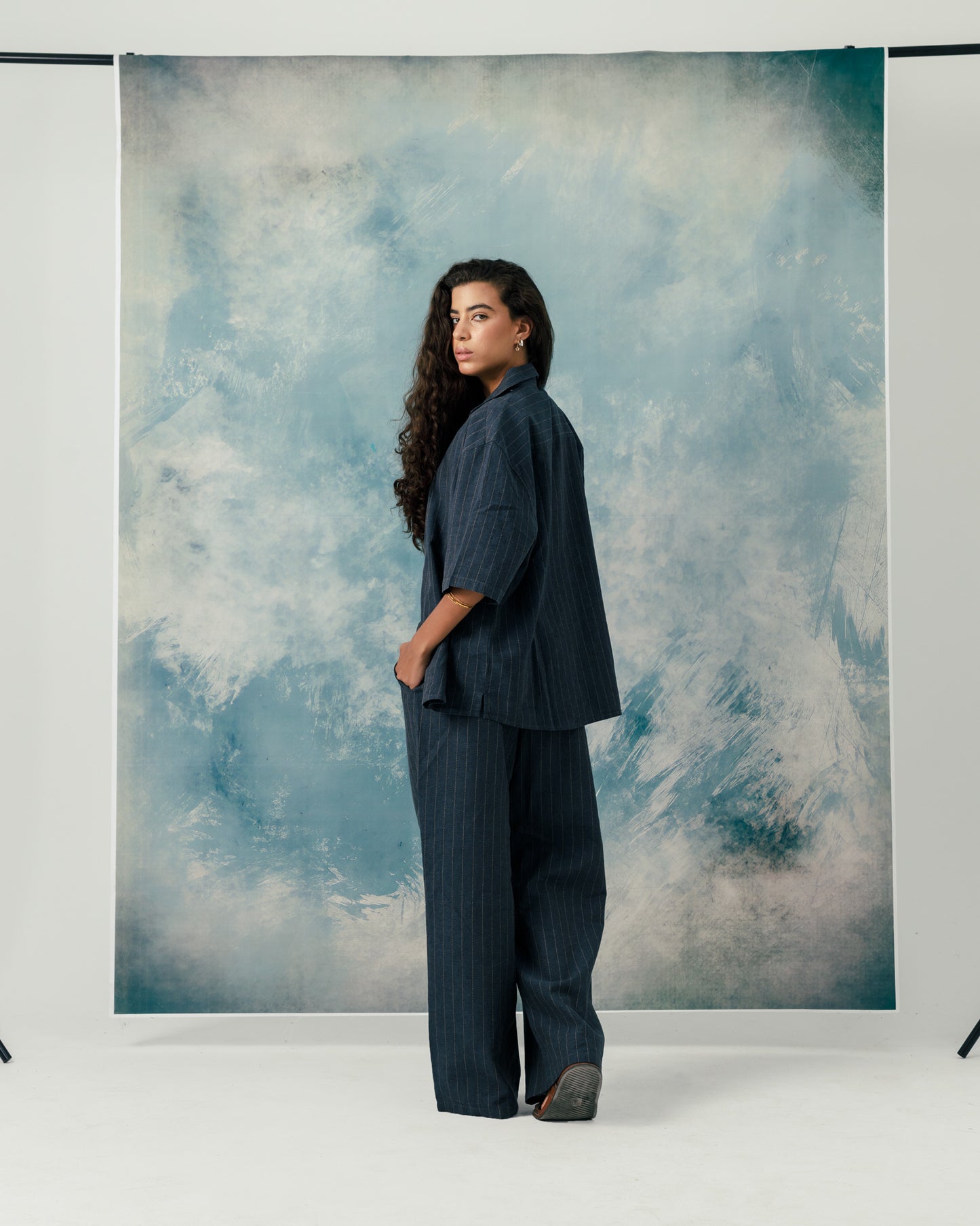 F Navy linen striped pants